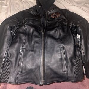 Harley-Davidson Black Leather Bomber Jacket with Orange Emblem
